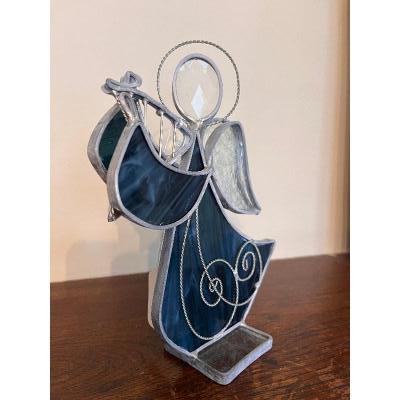 Footed Stained Glass Angel with Harp - Large